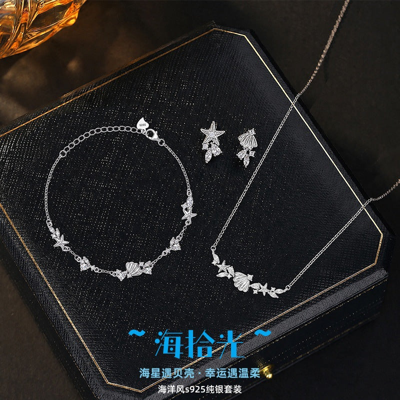S925 Sterling Silver Necklace Bracelet Stud Earrings Starfish Shell Design Light Luxury Ocean Style Women's Gift Silver Jewelry Set