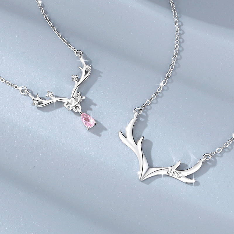 Yi Lu Has You Sterling Silver 925 Couple Necklace Men's and Women's Fashion All-Match Zircon Clavicle Chain Ins Style Antler Pendant