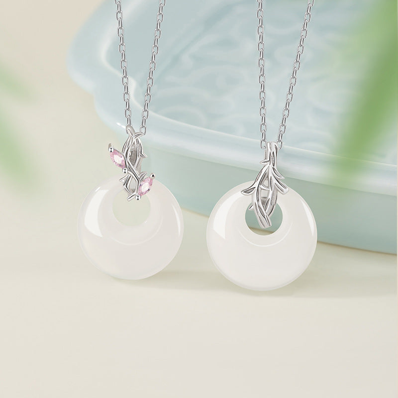 Original S925 Sterling Silver Couple Necklace Mori Branch Love Song White Chalcedony Princess Buckle Pendant Valentine's Day Gift