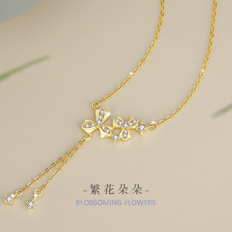 Flowers like Brocade Sterling Silver 925 Necklace Female Niche Design Light Luxury Zircon Tassel Clavicle Chain Ins Flower Pendant