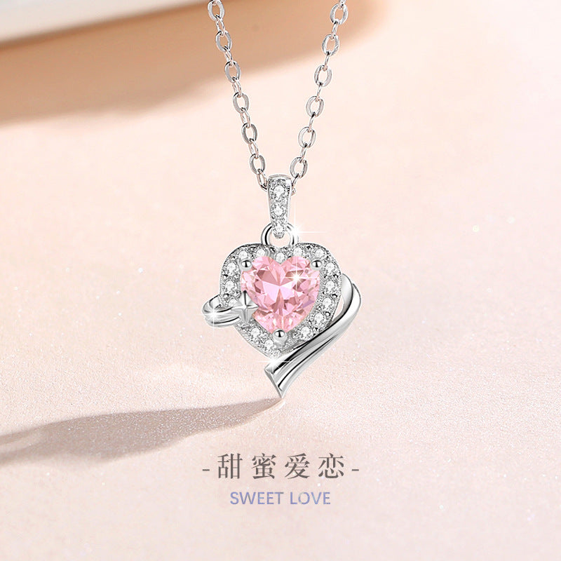 Lovely Sterling Silver 925 Necklace Female Niche Design Light Luxury Star Clavicle Chain Item Ins Pink Zircon Pendant
