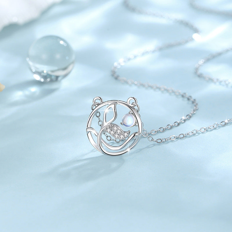Whale Has You Sterling Silver 925 Couple Necklace Men and Women Fashion All-Match Glass Stone Clavicle Chain Whale Tail Pendant