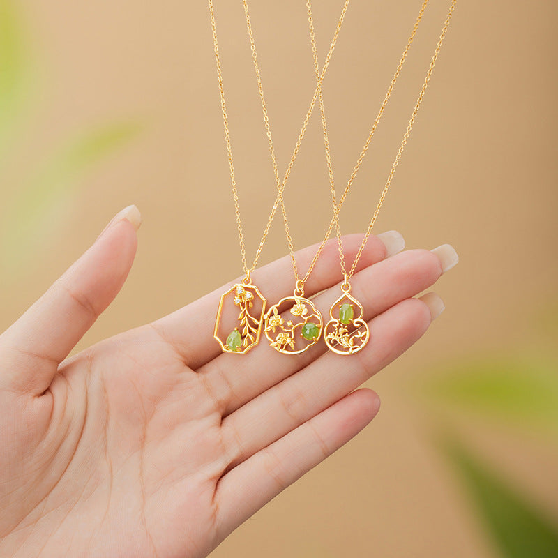 Fu Lu Sterling Silver 925 Hetian Jasper Necklace Women's New Chinese Style National Fashion Flowers like Brocade Clavicle Chain Ins Flower Pendant