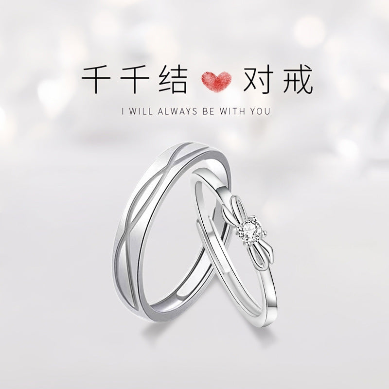 Bow Sterling Silver 925 Couple Ring Men's and Women's Light Luxury High-Grade White Crystal Ring Ins Escape Princess Ring