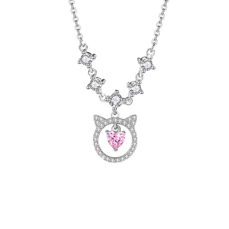 Cat Sterling Silver 925 Necklace Female Niche Design Light Luxury Pink Diamond Zircon Clavicle Chain Ins Style Love Pendant