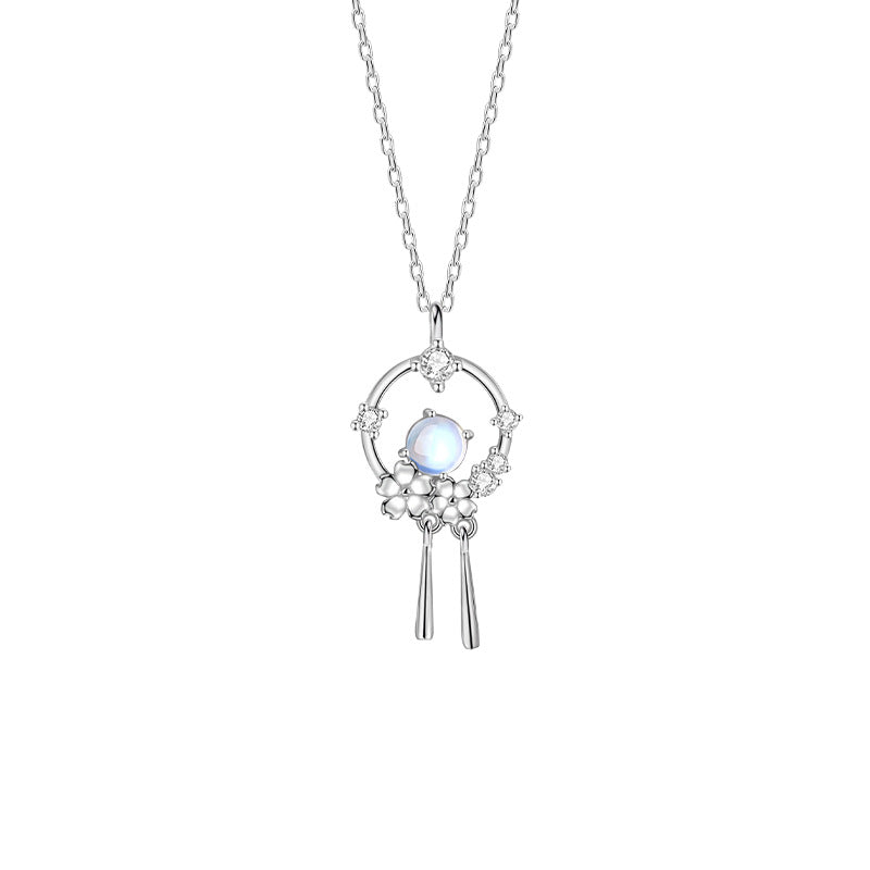 New Chinese Style S925 Sterling Silver Necklace Female Moonstone Tassel Pendant National Style Clavicle Chain Light Luxury Jewelry Factory Wholesale