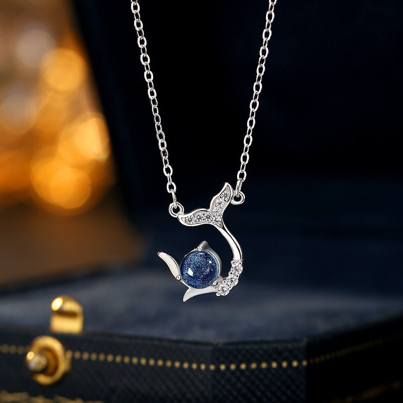 For the Rest of Your Life, You Have S925 Sterling Silver Necklace, Female Niche Design, Natural White Agate Glass Stone Pendant, Fishtail Clavicle Chain