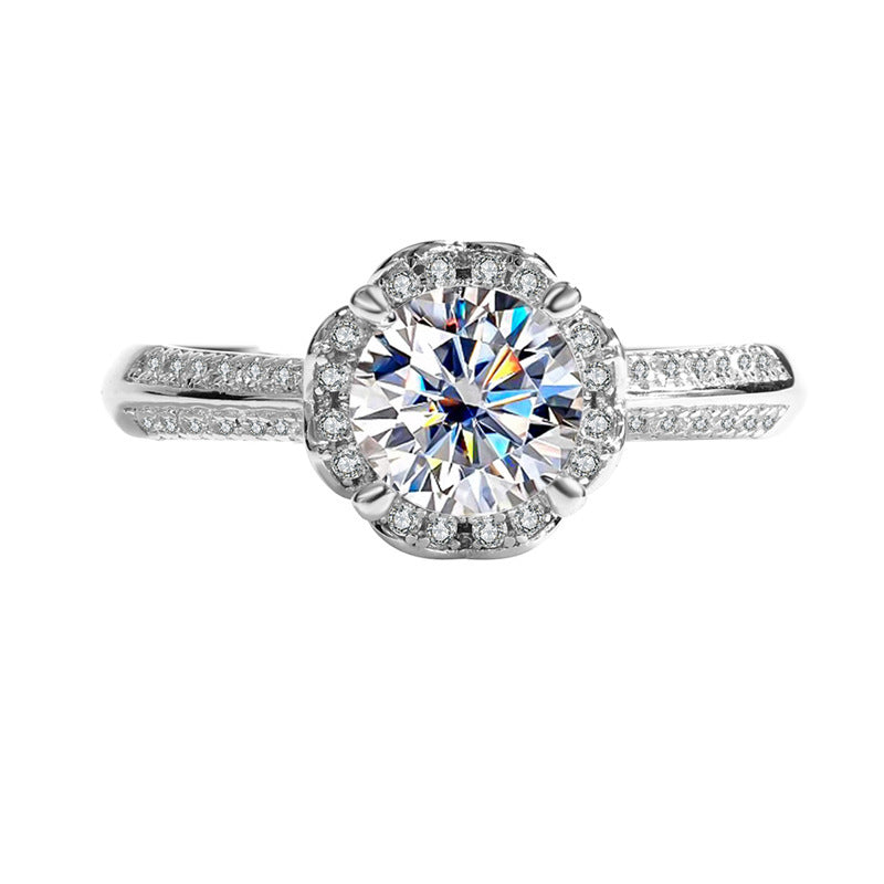 Sterling Silver 925 Diamond Ring Women's Light Luxury Niche High-Grade Four-Claw Moissanite round Ring 1 Karat Wedding Ring