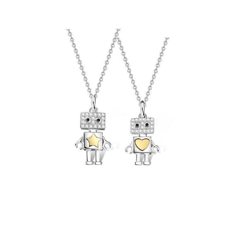 Children's Funny Robot S925 Sterling Silver Couple Necklace All-Match Niche Design Sense Clavicle Chain Student Party Personality Accessories