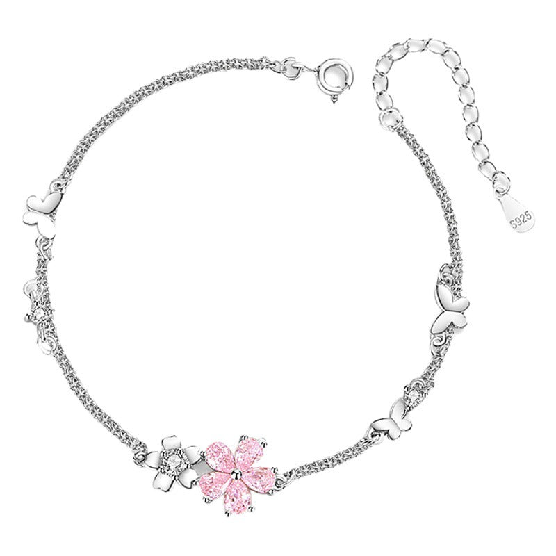 Cherry Blossom Sterling Silver 925 Bracelet Women's Fashion Versatile Pink Zircon Bracelet 520 Valentine's Day Ins Flower Bracelet