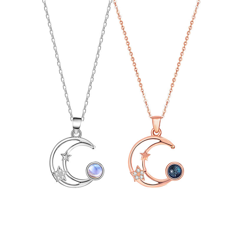 Original Design S925 Silver Star Moon Necklace Moonstone Starry Sky Stone Clavicle Chain Factory Wholesale Live Broadcast Jewelry Supply