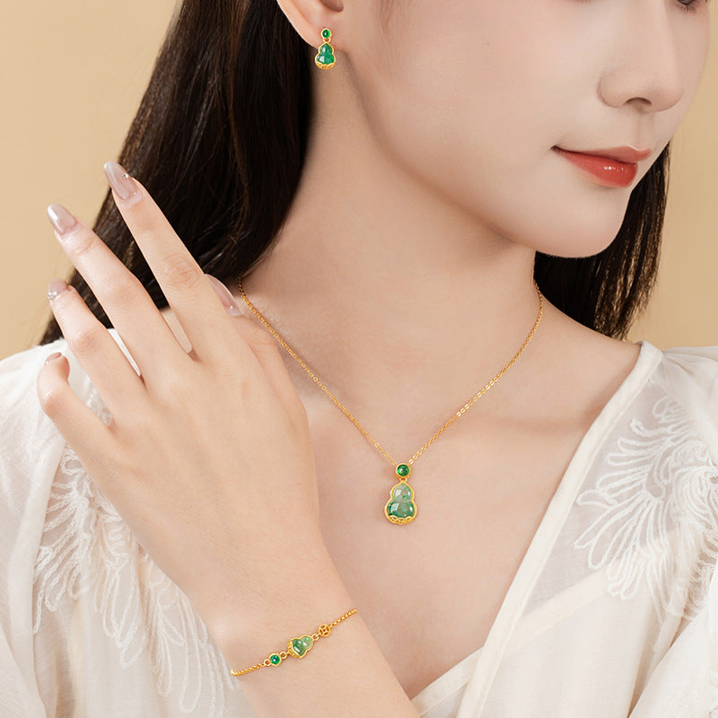 Fu Lu Double Full Sterling Silver 925 Necklace Women's National Fashion Natural African Emerald Copper Coin Clavicle Chain Ins Chalcedony Gourd Pendant