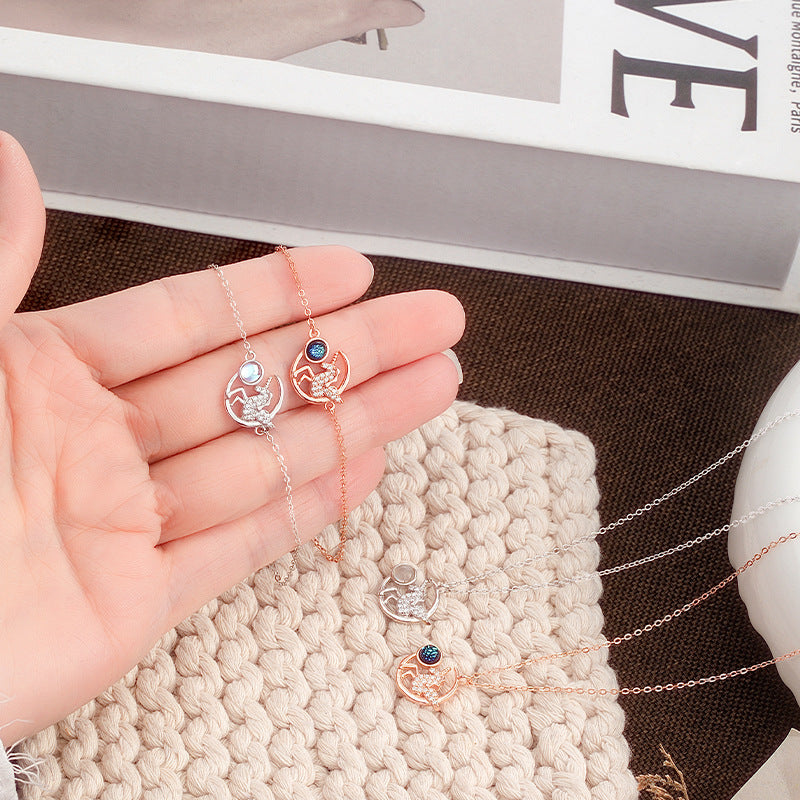 New Ins Style S925 Sterling Silver Unicorn Star Moon Necklace Bracelet Light Luxury Girl Heart Jewelry Gift for Girlfriend