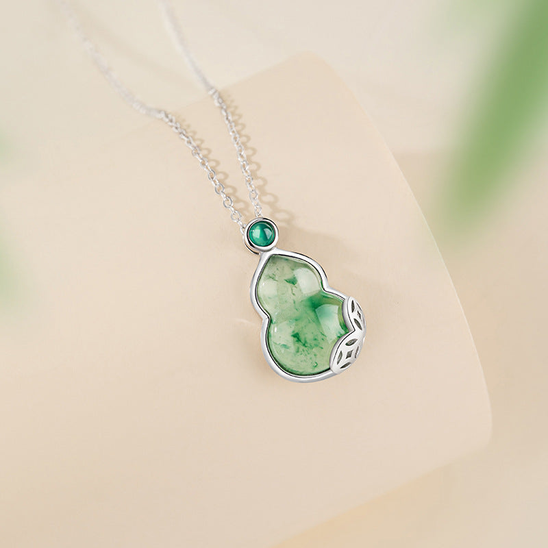 Fu Lu Double Full Sterling Silver 925 Necklace Women's National Fashion Natural African Emerald Copper Coin Clavicle Chain Ins Chalcedony Gourd Pendant