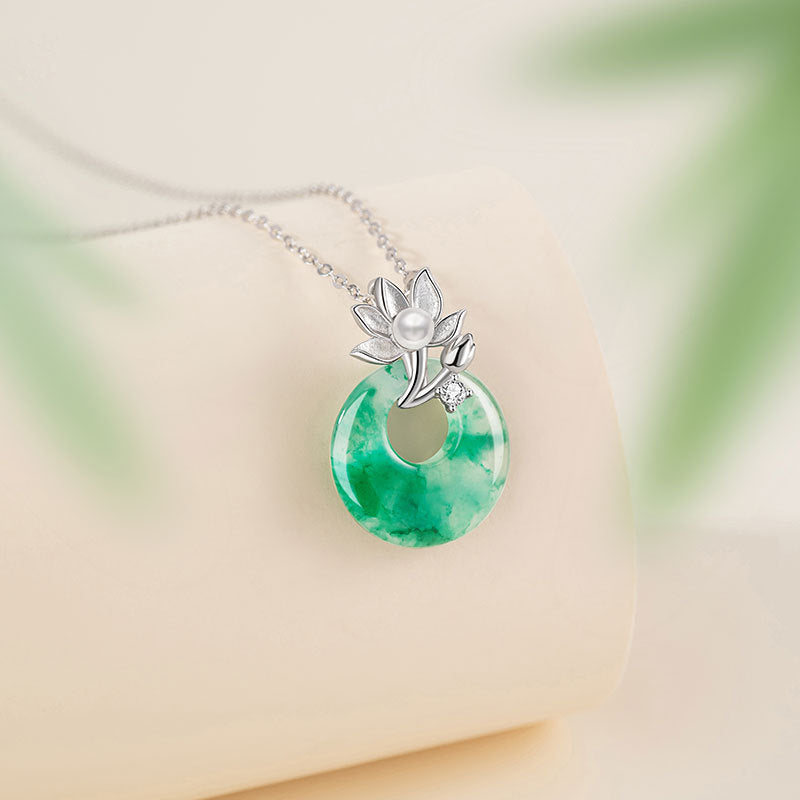Lotus Pond Moonlight Sterling Silver 925 Necklace Women's New Chinese Natural Jade Pearl Clavicle Chain Lotus Safety Buckle Pendant