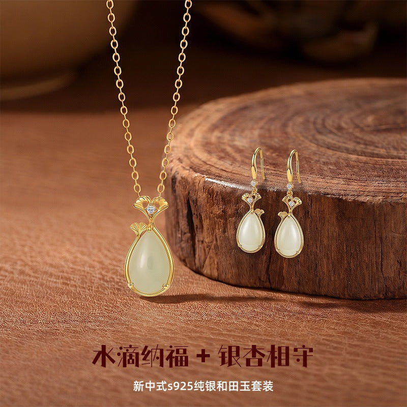 New Chinese Style Ginkgo Leaf Hetian Jade Water Drop Set S925 Sterling Silver Necklace Earrings Light Luxury National Style Valentine's Day Gift
