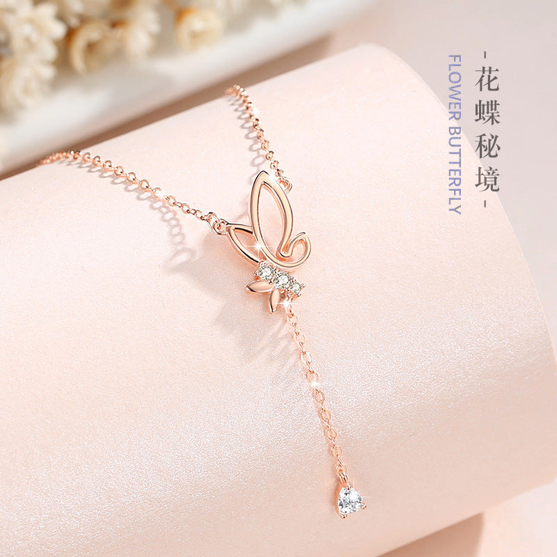 Butterfly Sterling Silver 925 Necklace Women's Fashion All-Match Zircon Clavicle Chain Valentine's Day Goods Ins Style Tassel Pendant