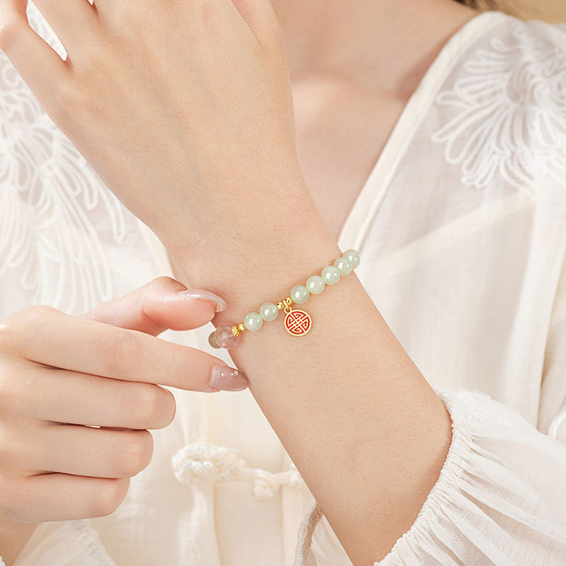 Fu Brand Sterling Silver 925 Hetian Jade Bracelet Female New Chinese National Fashion Strawberry Crystal Bracelet Ins Style Lucky Beads Bracelet