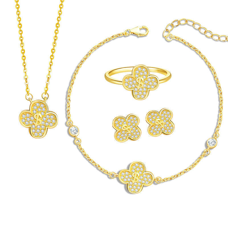 Rich Flower Clover Jewelry Set S925 Sterling Silver Gold-Plated Necklace Bracelet Lucky Lucky Gift Live Supply