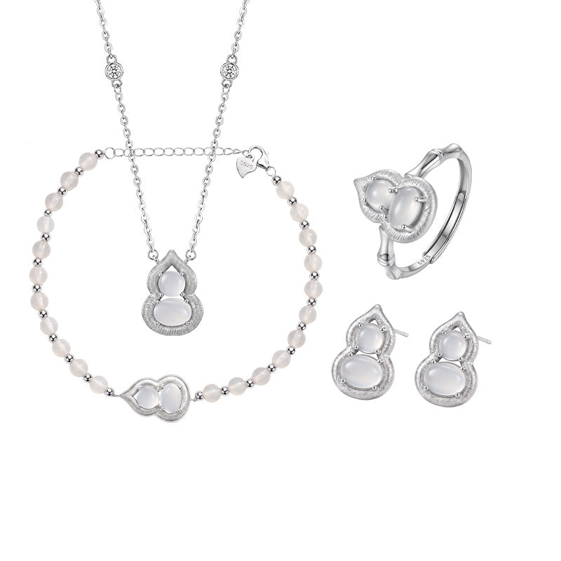 White Chalcedony Fu Lu Gourd Set S925 Sterling Silver Necklace Earrings Ring Pearl Bracelet National Fashion Style Factory Wholesale