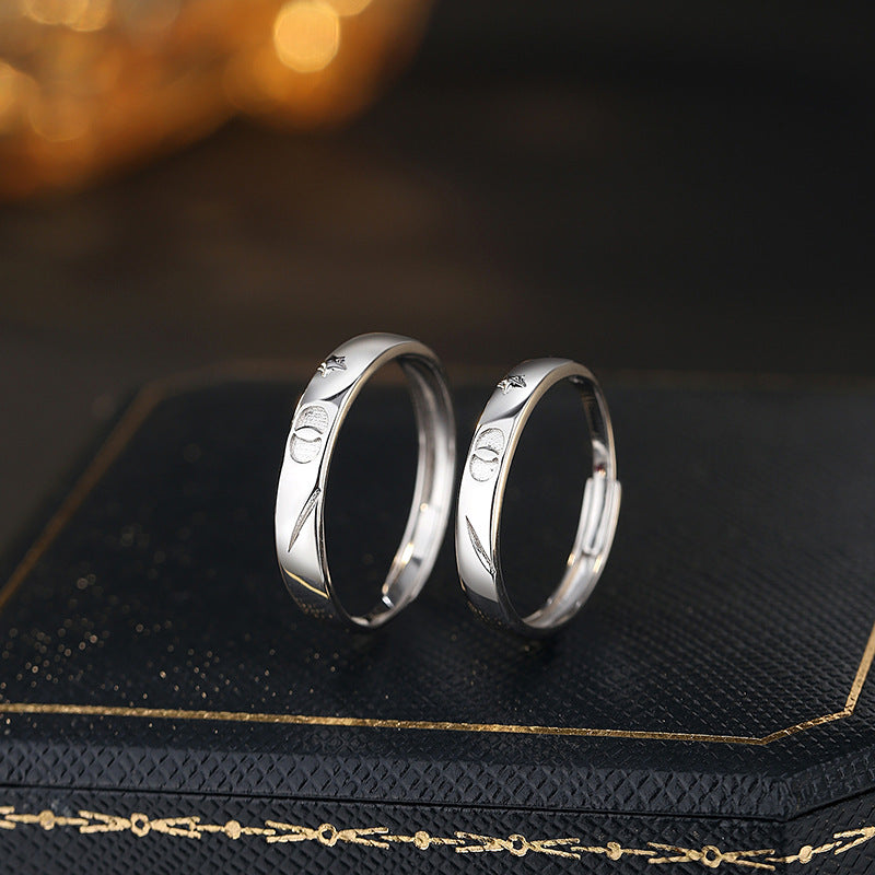 Holding Star Moon S925 Sterling Silver Couple Ring Ring Ring Opening Adjustable Ring Student Valentine's Day Commemorative Silver Jewelry