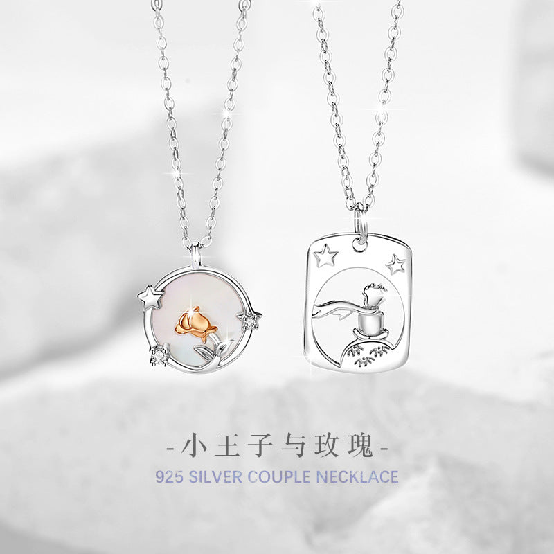 Little Prince and Rose Sterling Silver 925 Couple Necklace White Fritillary Clavicle Chain 520 Valentine's Day Star Pendant