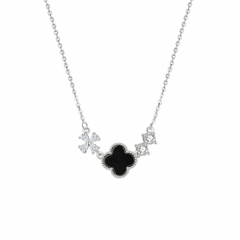 Lucky Clover Sterling Silver 925 Necklace Women's Light Luxury High-Grade Black Agate Flower Clavicle Chain Ins Zircon Pendant