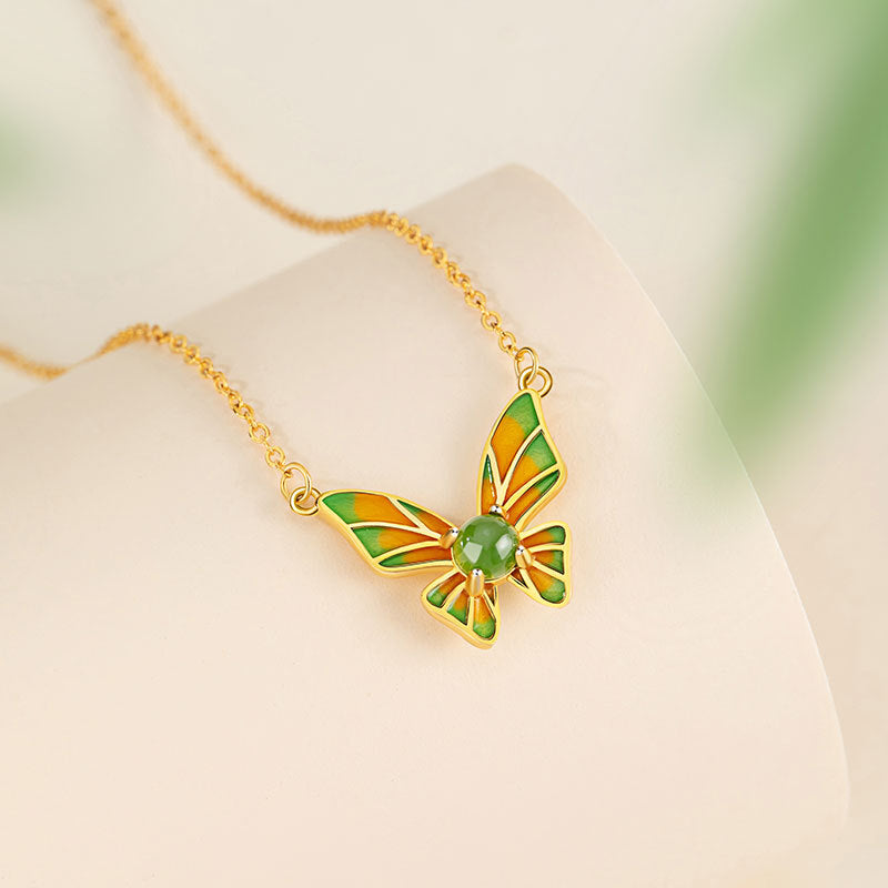 Butterfly Dance Elegant Sterling Silver 925 Necklace Women's Light Luxury High-Grade Hetian Jade Clavicle Chain Ins Style Butterfly Pendant