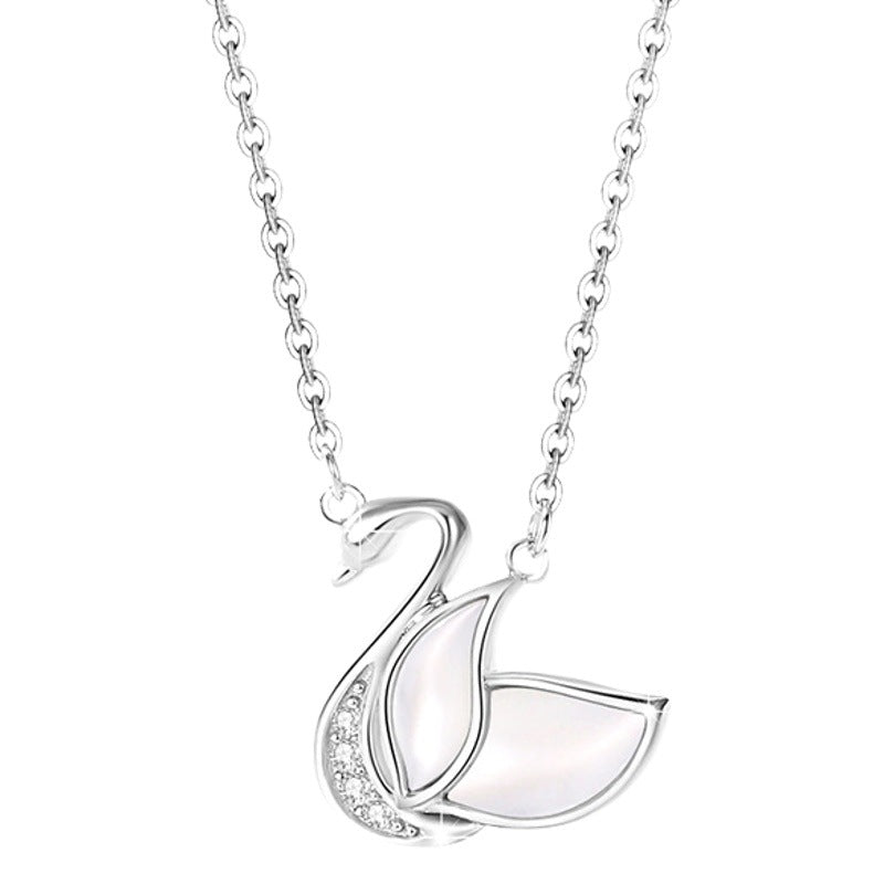 Swan Sterling Silver 925 Necklace for Women, Niche Design, Light Luxury Zircon Clavicle Chain, INS Style White Fritillary Pendant