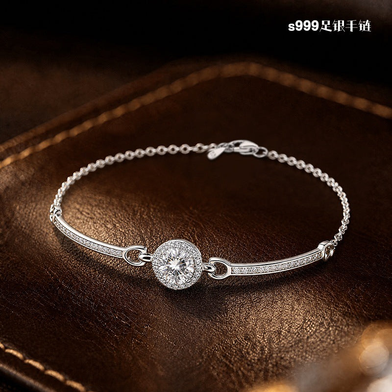 S999 Pure Silver Bracelet Female Light Luxury Bag Inlaid 5A Eight Arrows and Eight Hearts Zircon Diamond Niche Birthday Gift for Girlfriend