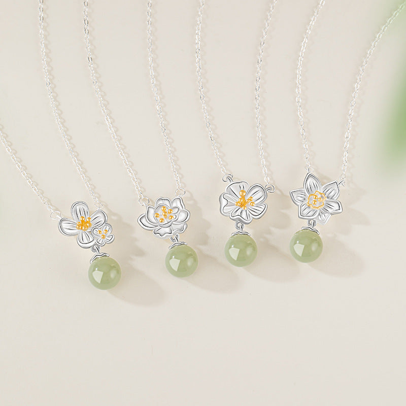 Twelve Flower God Sterling Silver 925 Necklace Women's Light Luxury High-Grade Natural Hetian Jade Peach Blossom Clavicle Chain Flower Pendant