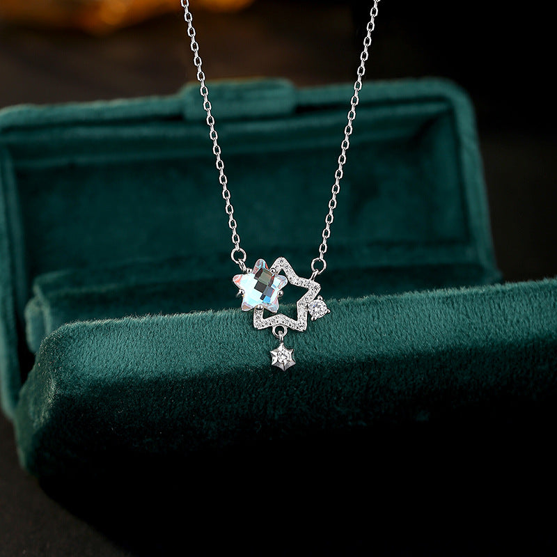 S925 Sterling Silver Necklace Women's Colorful Glazed Stone Star Pendant Niche Light Luxury High-Grade Double Star Clavicle Chain