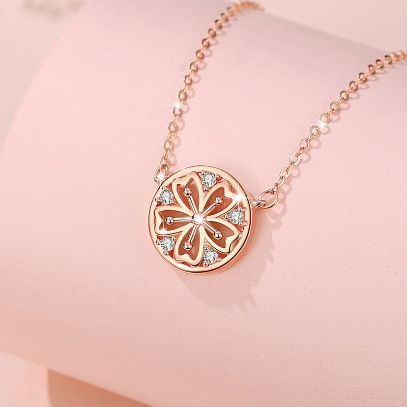 Cherry Blossom Sterling Silver 925 Necklace for Women, Niche Design, Light Luxury Zircon Clavicle Chain, INS Style Flower Pendant