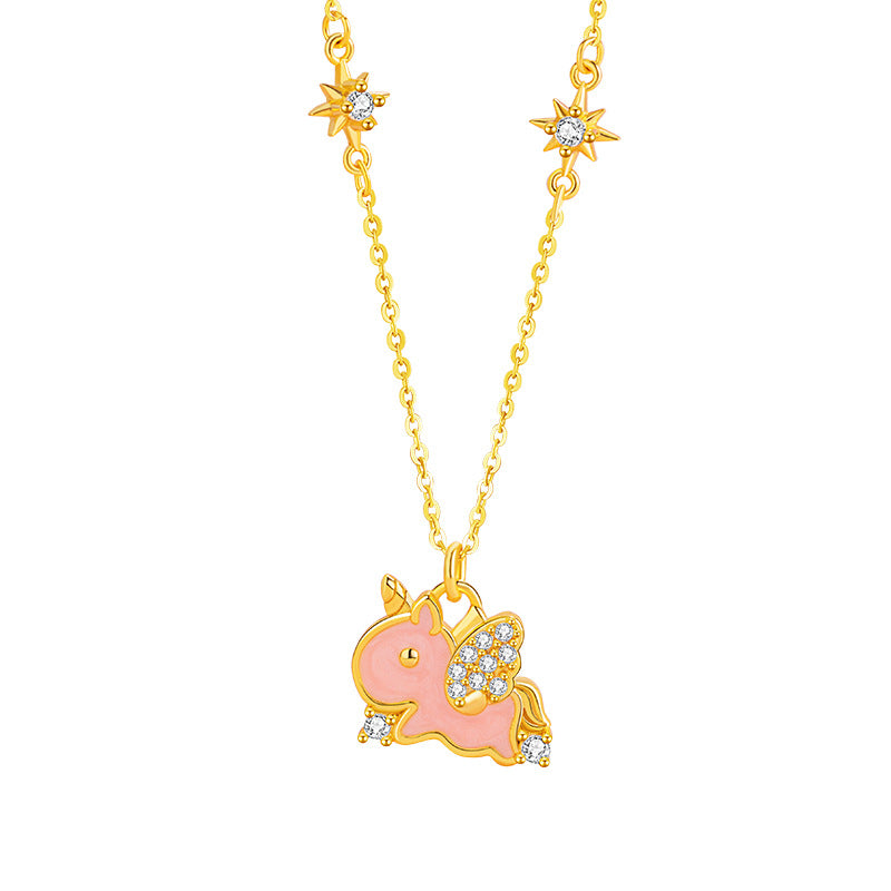 Rainbow Unicorn Sterling Silver 925 Necklace Female Cute Sweet Star Zircon Clavicle Chain Ins Valentine's Day Pendant