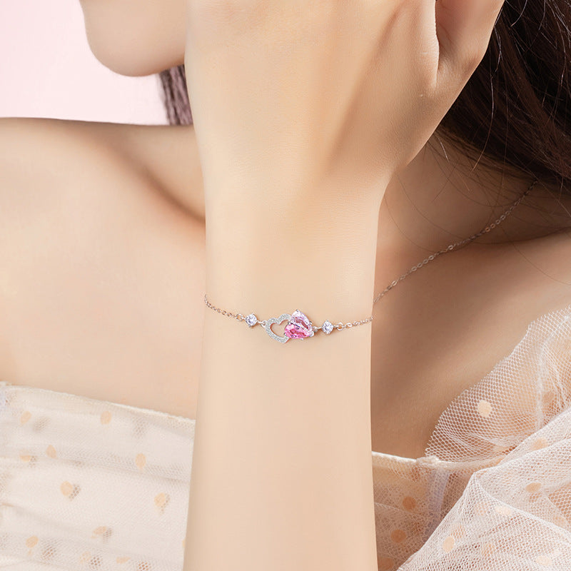 Lovely Sterling Silver 925 Bracelet Female Niche Design Light Luxury Pink Diamond Zircon Bracelet Ins Style Heart-to-Heart Printed Pendant