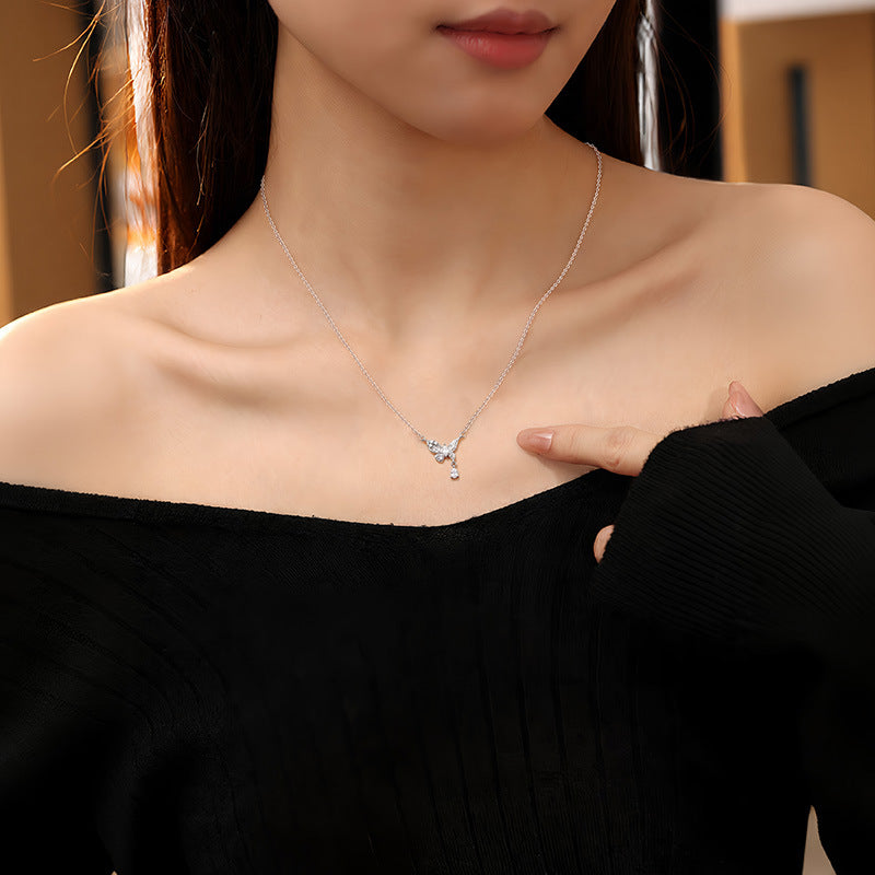 S925 Sterling Silver Necklace Women's Light Luxury Relief Water Drop Shining Dream Butterfly Clavicle Chain Niche High Sense Valentine's Day Gift
