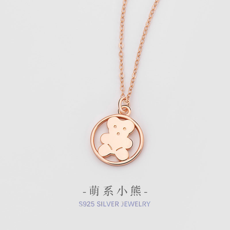 Cute Bear Sterling Silver 925 Necklace Niche Design Light Luxury Glossy Clavicle Chain Ins Style Teddy Bear Pendant