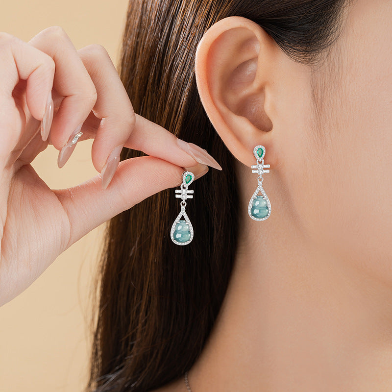 Fu Lu Ankang Sterling Silver 925 Stud Earrings Women's Light Luxury Natural Dangerous Material Blue Water Jade Earrings Ins Style Gourd Earrings