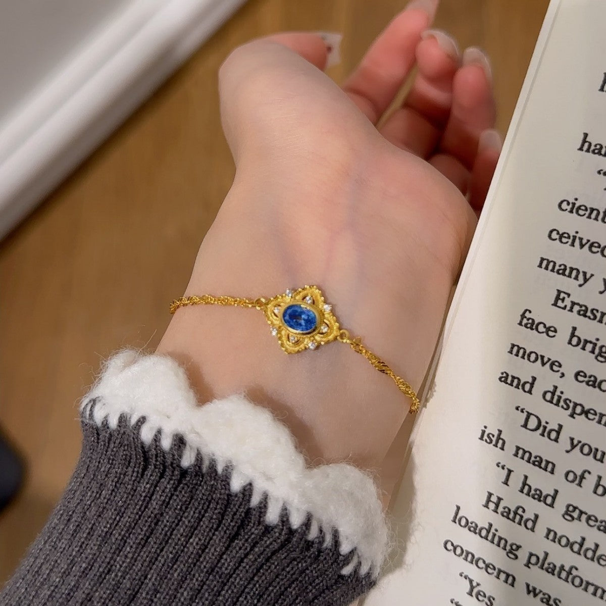 Rose Window Sterling Silver 925 Necklace Vintage Cloth Style Blue Zircon Clavicle Chain Light Luxury High-Grade Square Sugar Pendant