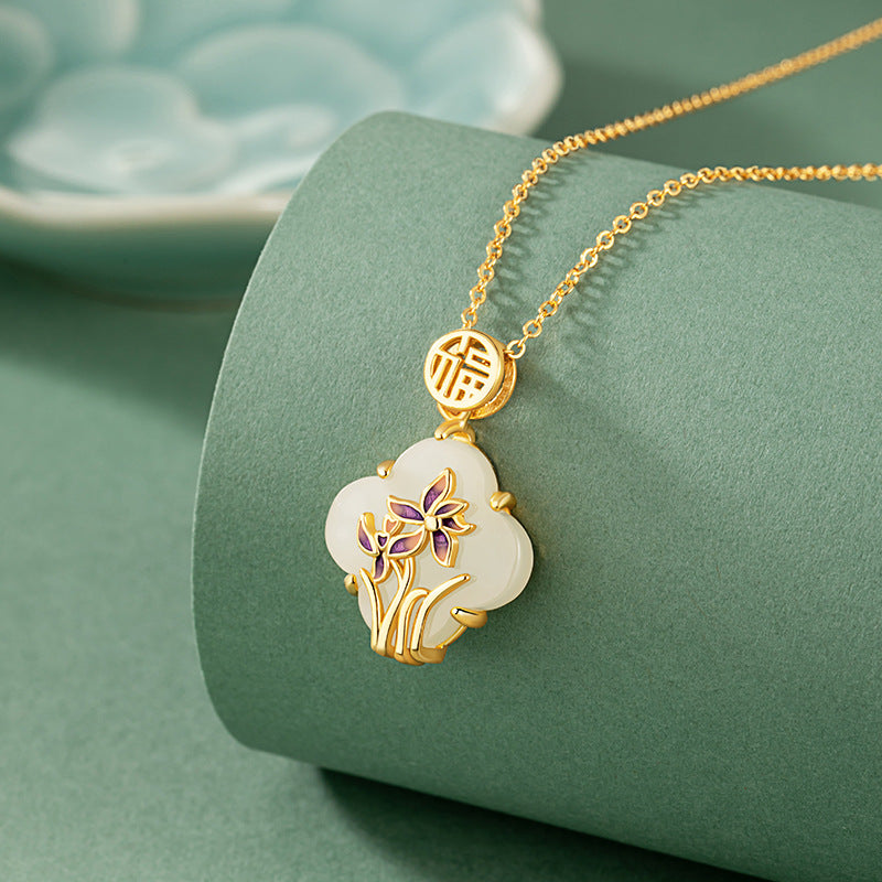 Original Orchid Sterling Silver 925 Hetian Jade Necklace New Chinese National Fashion Lucky Clavicle Chain Lucky Clover Pendant