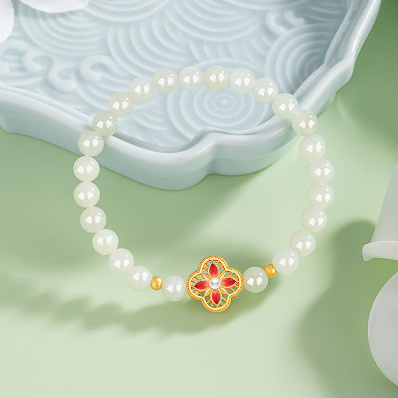Lucky Clover Sterling Silver 925 Bracelet Female New Chinese National Fashion Natural Hetian Jade Flower Bracelet Pearl Bracelet