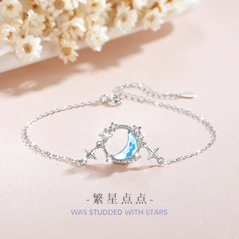 Moon Sterling Silver 925 Bracelet Women's Fashion All-Match Glass Stone Bracelet Ins Style Star Zircon Bracelet