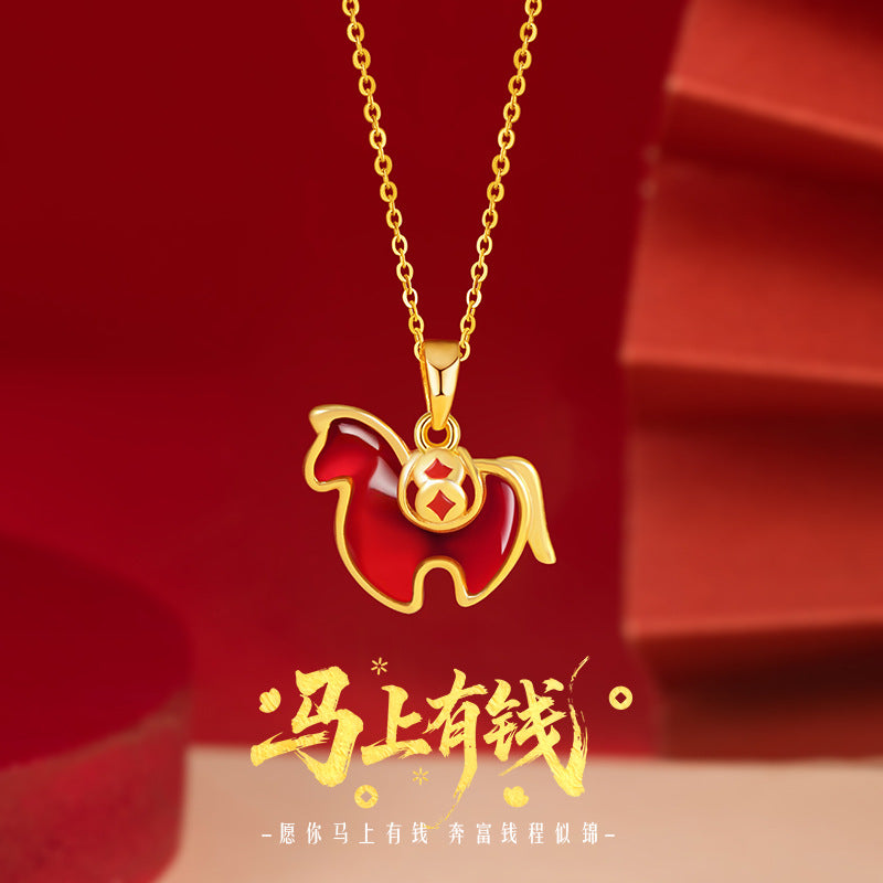 Immediately Rich Flower Sterling Silver 925 Necklace Female New Chinese Red Agate Copper Coin Birth Year Clavicle Chain Zodiac Pendant