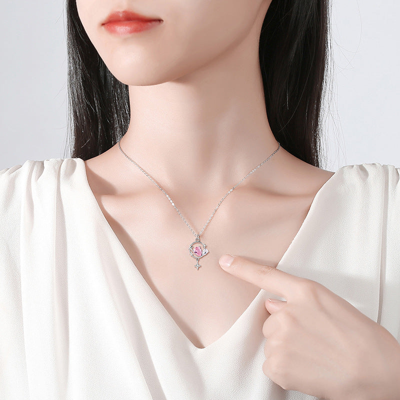 Star Sterling Silver 925 Necklace Female Niche Design Light Luxury Pink Zircon Clavicle Chain Get Things Ins Tassel Pendant