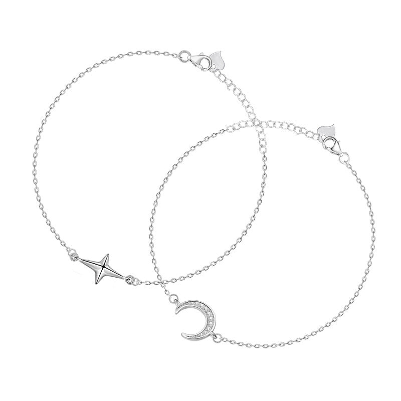 Silver Jewelry Wholesale S925 Sterling Silver Couple Bracelet Star Moon Niche Design Silver Jewelry Long-Distance Love Couple Gift
