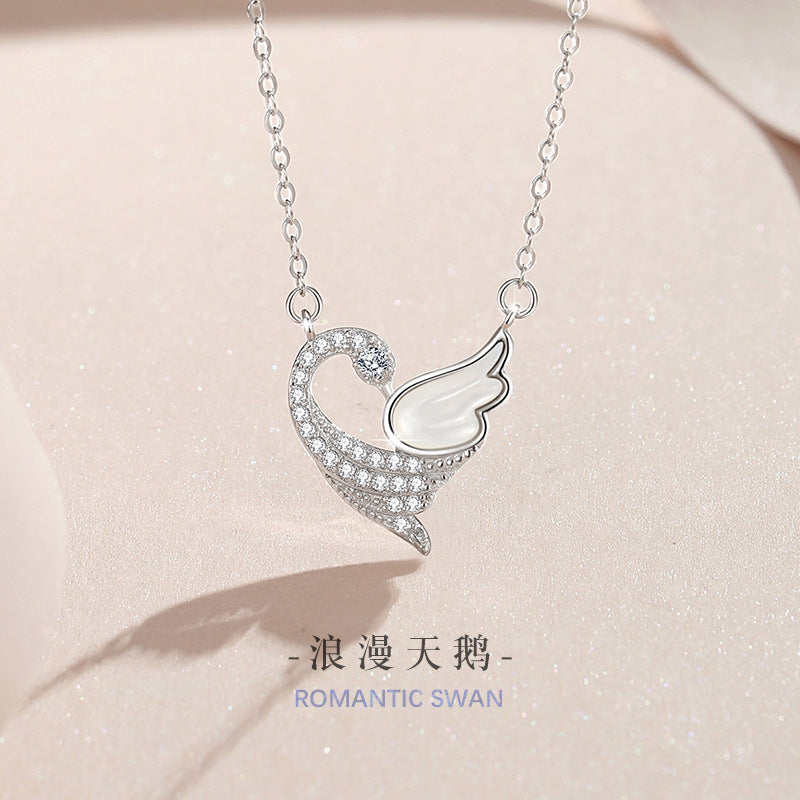 Original Swan Sterling Silver 925 Necklace Female Niche Design Light Luxury Zircon Clavicle Chain Ins Style White Fritillary Pendant