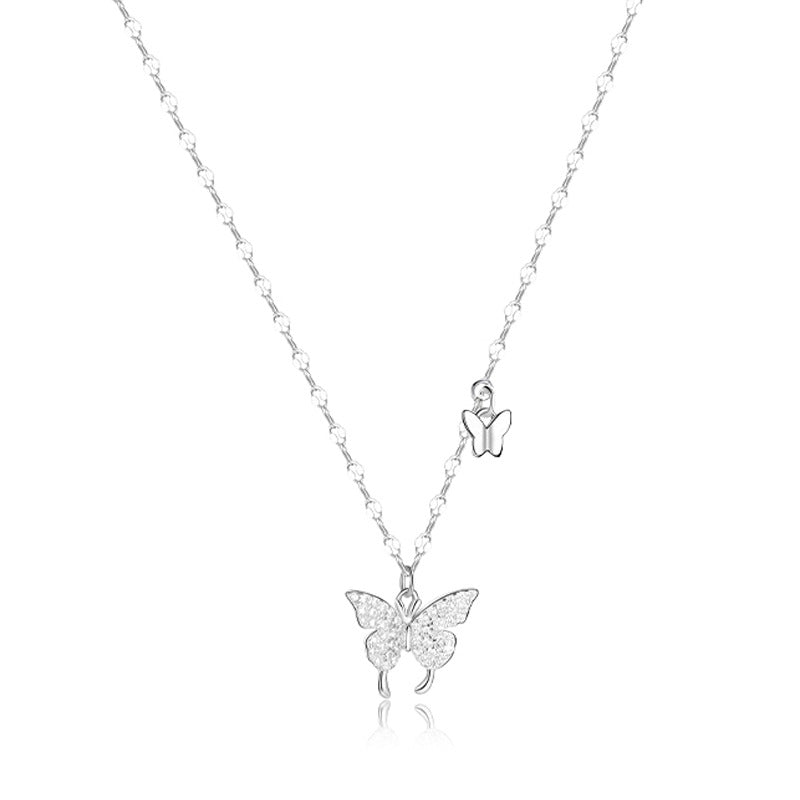 Butterfly Pure Silver 999 Necklace Female Niche Design Light Luxury Zircon Clavicle Chain Ins Style Sparkling Pendant