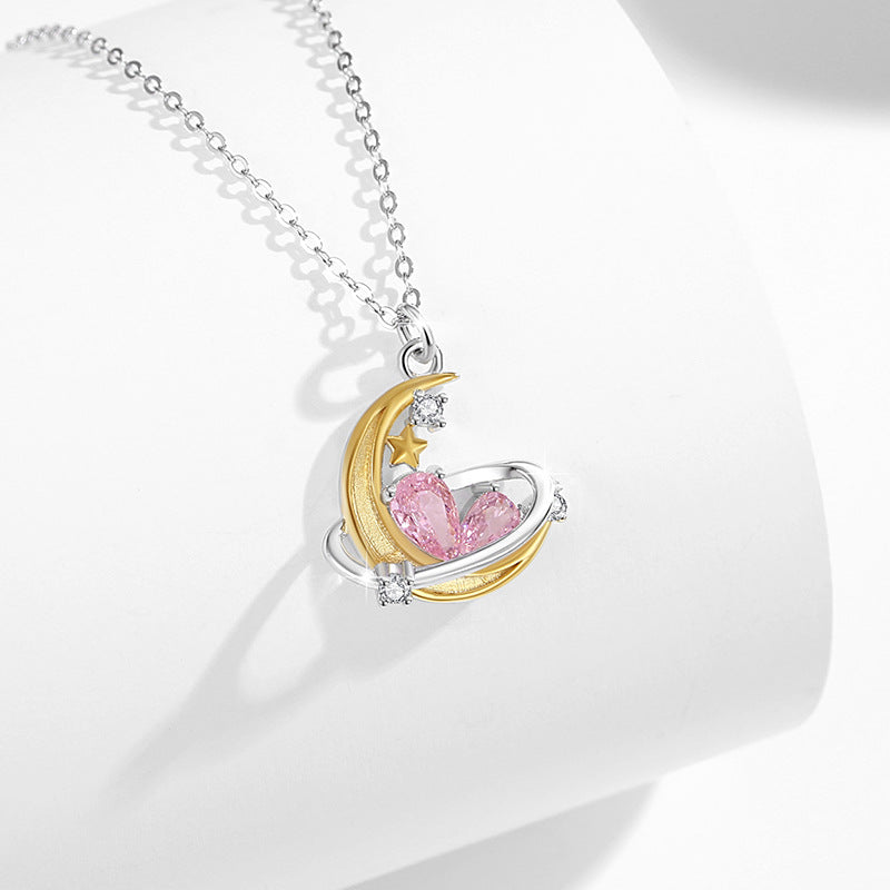 Star Moon Sterling Silver 925 Necklace Female Niche Design Light Luxury Planet Pink Diamond Clavicle Chain Ins Love Pendant