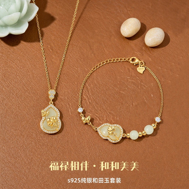 Hetian Jade Gourd Lotus Set New Chinese S925 Sterling Silver Necklace Bracelet National Style Holiday Gift Silver Jewelry Wholesale