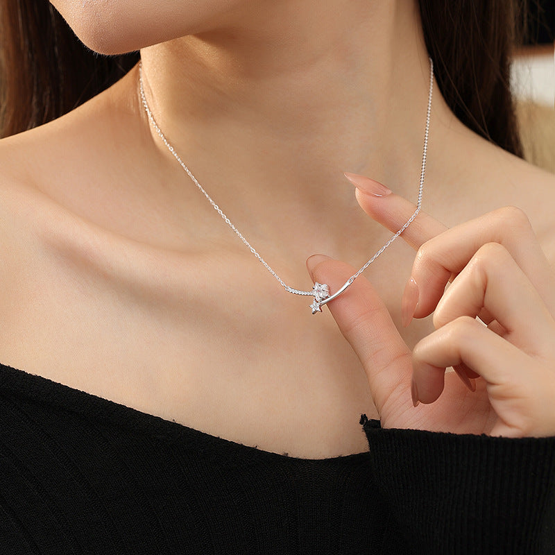 S925 Sterling Silver Necklace Pink and White Zircon Love Meteor Niche Design Sense Clavicle Chain Ins Style Girl Heart Gift